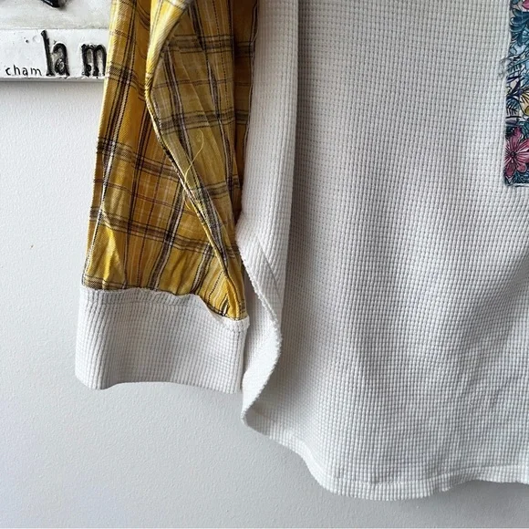 POL Boho Waffle Knit Henley Mixed Plaid Floral Print Women’s Long Sleeve Top L - Picture 3 of 12